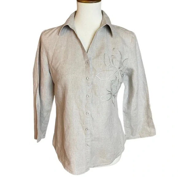 Tweeds Beige Taupe 100% Linen Embroidered Button Down Shirt - Size Medium - Picture 1 of 8